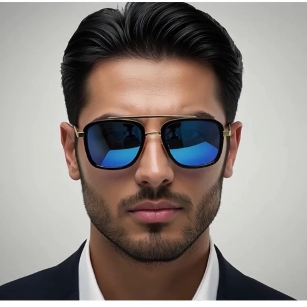 Aviator Sunglasses Square Frame Blue Lens Gold Accents Fashion Shades Lentes New